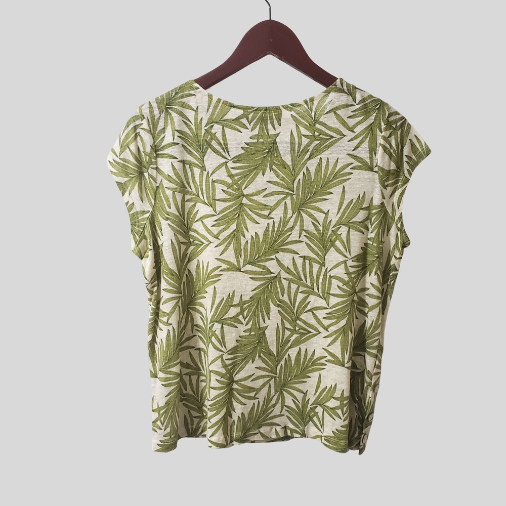 Nicole Miller 100% Linen Palm Leaf Print Cap Sleeve Button Detail Top Green M - Picture 4 of 10